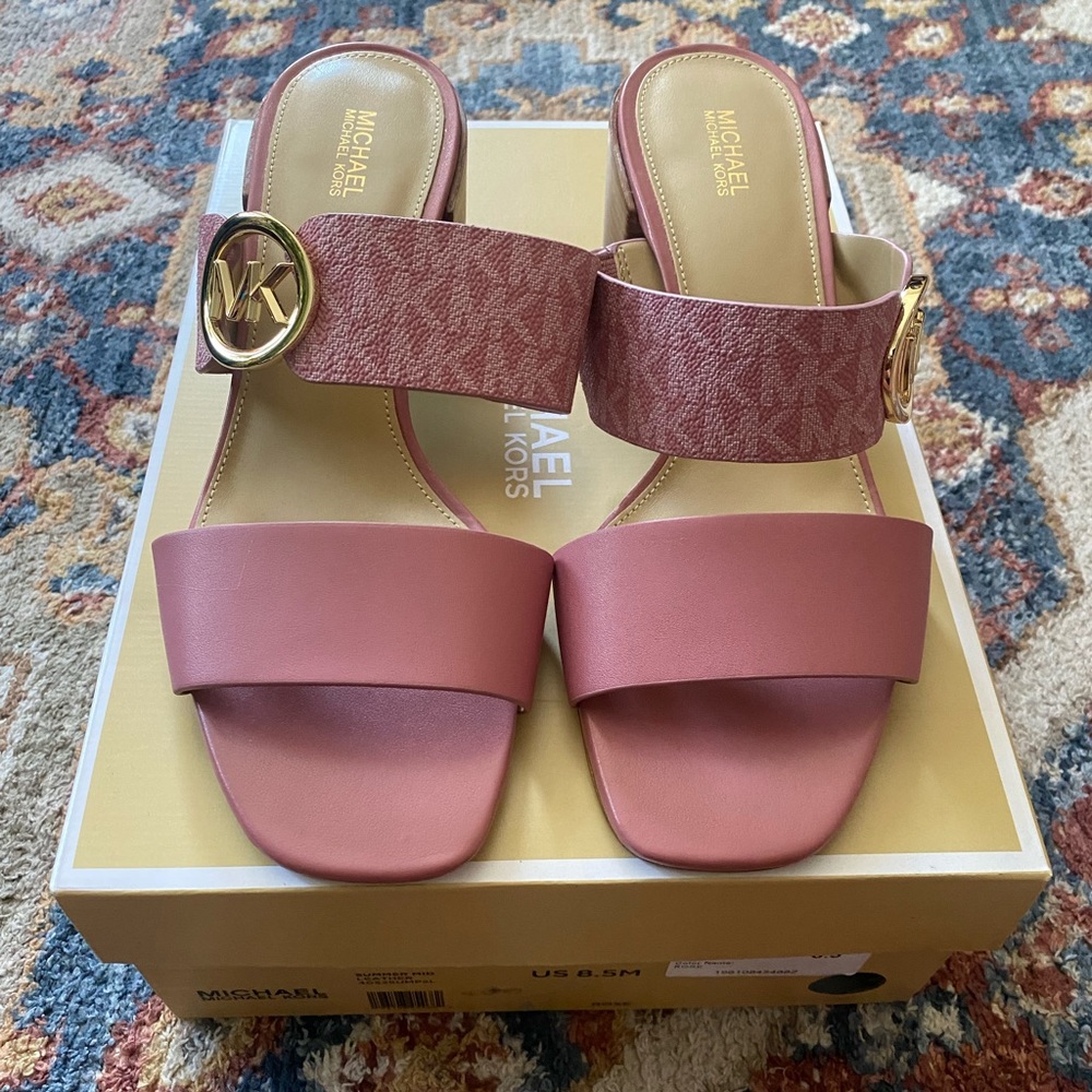(NEW) Michael Kors Mid Leather Canvas Sandals in Rose